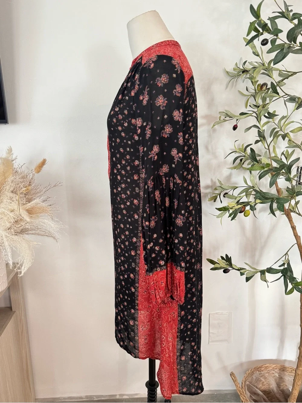 Free People XS Black Red Floral Paisley Tunic Dress Boho Long Sleeve